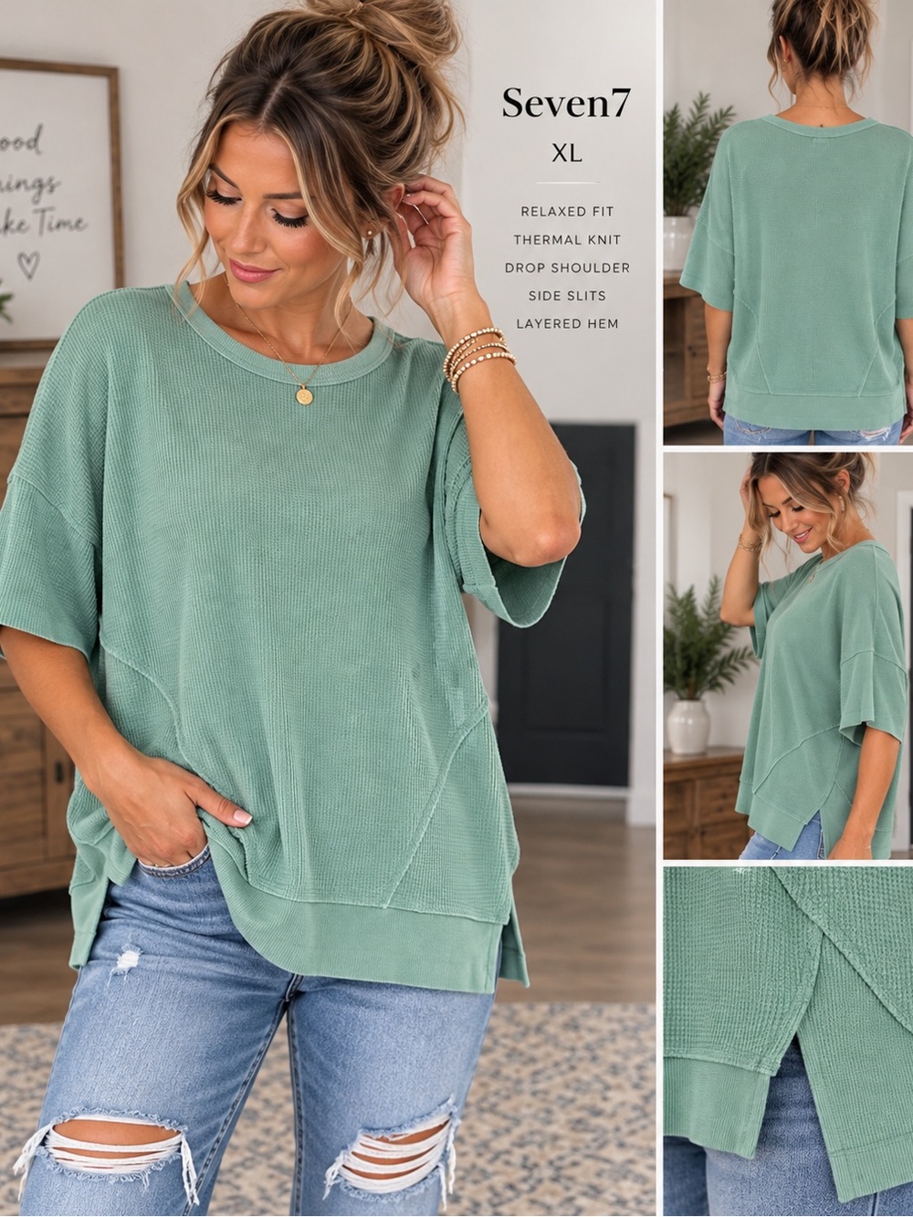 Seven7 Relaxed Thermal Knit Drop-Shoulder Top in Sage Green